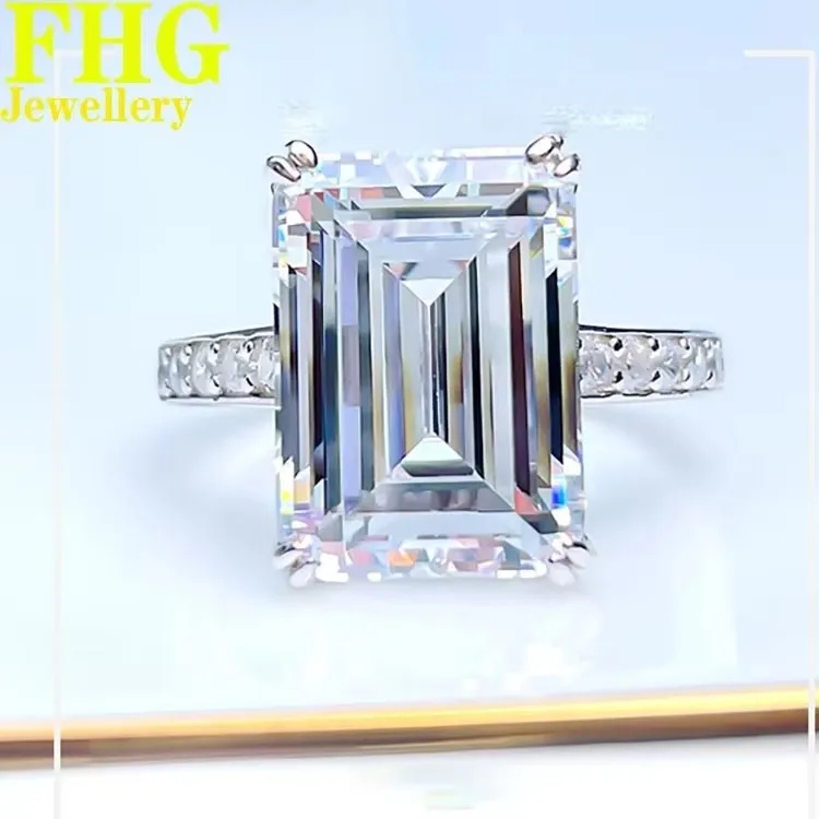 5 6 7 8 9 10 Carat Real solid Au585 14K White Gold Ring Women Engagement Wedding Ring Emerald shape  Moissanite Diamond Ring