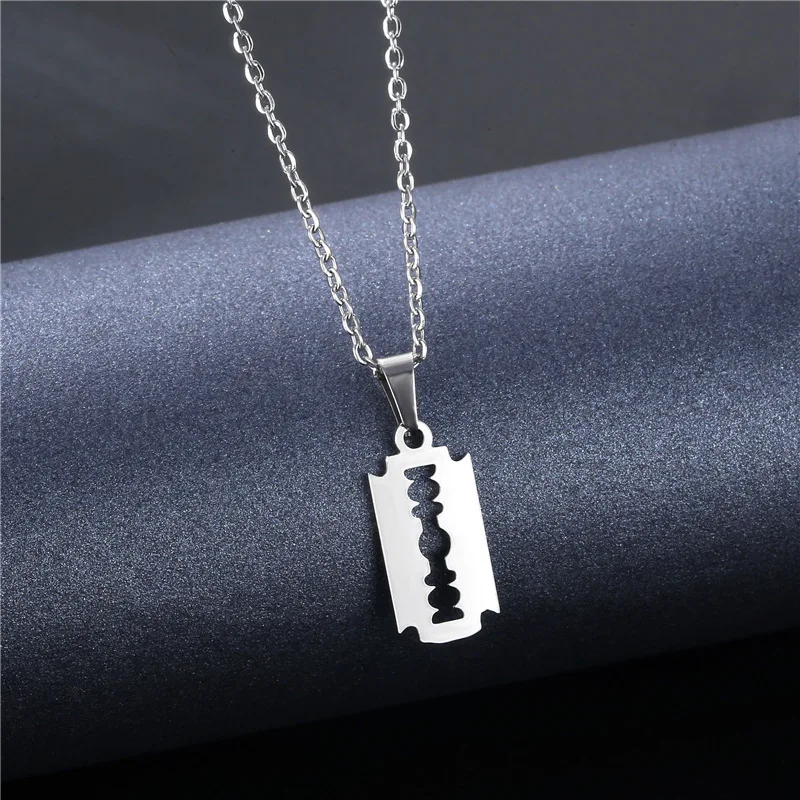 Stainless Steel Safety Blade Razor Pendant Necklace Punk Hiphop Jewelry For Men Boys Geometrical Small Dangling Choker XL13