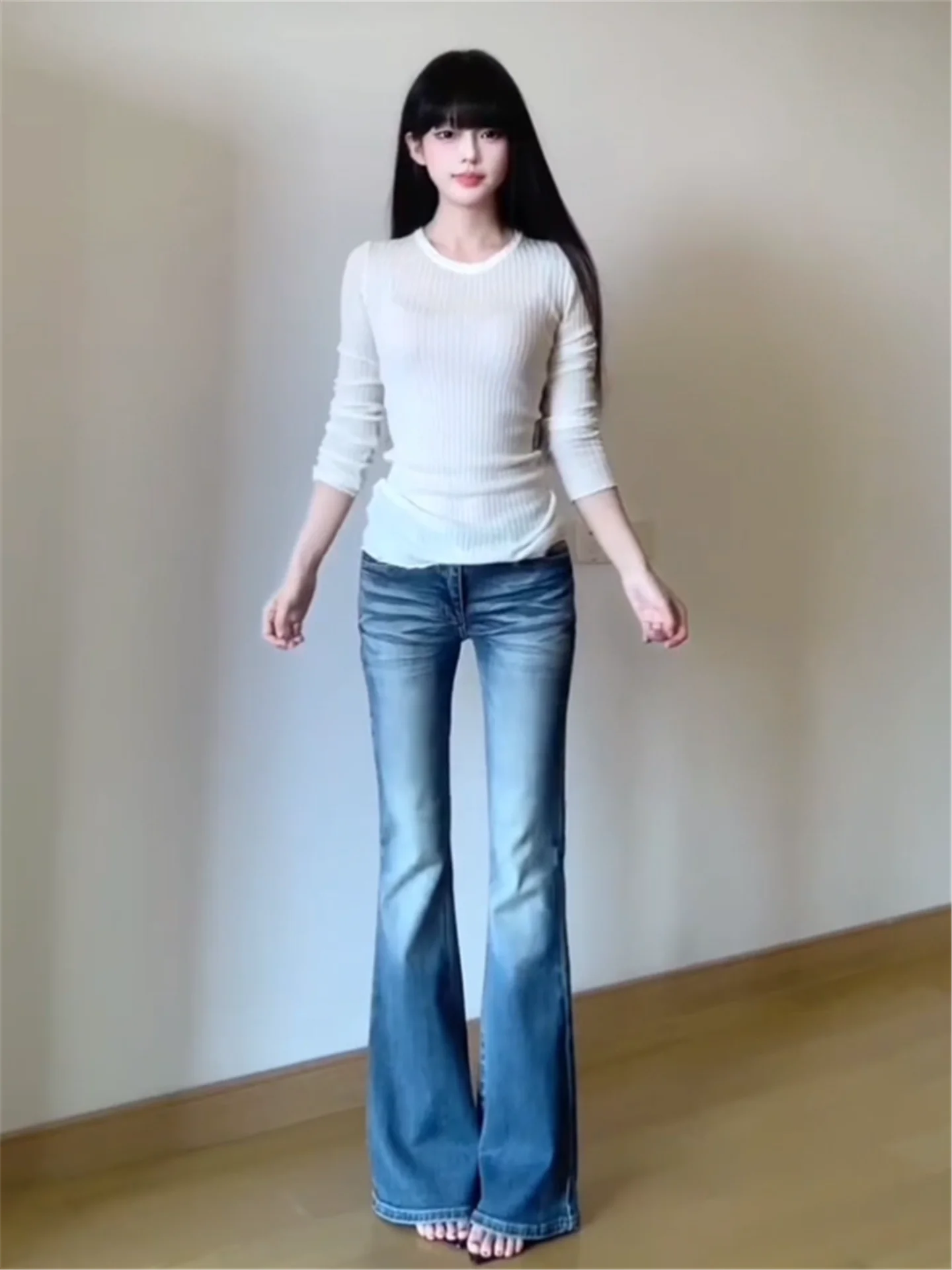 

Retro Blue Low Waist Flared Jeans Women's Tightening Slimming Long Tall Casual Floor-Length Pants Spring Season Cotton Denim