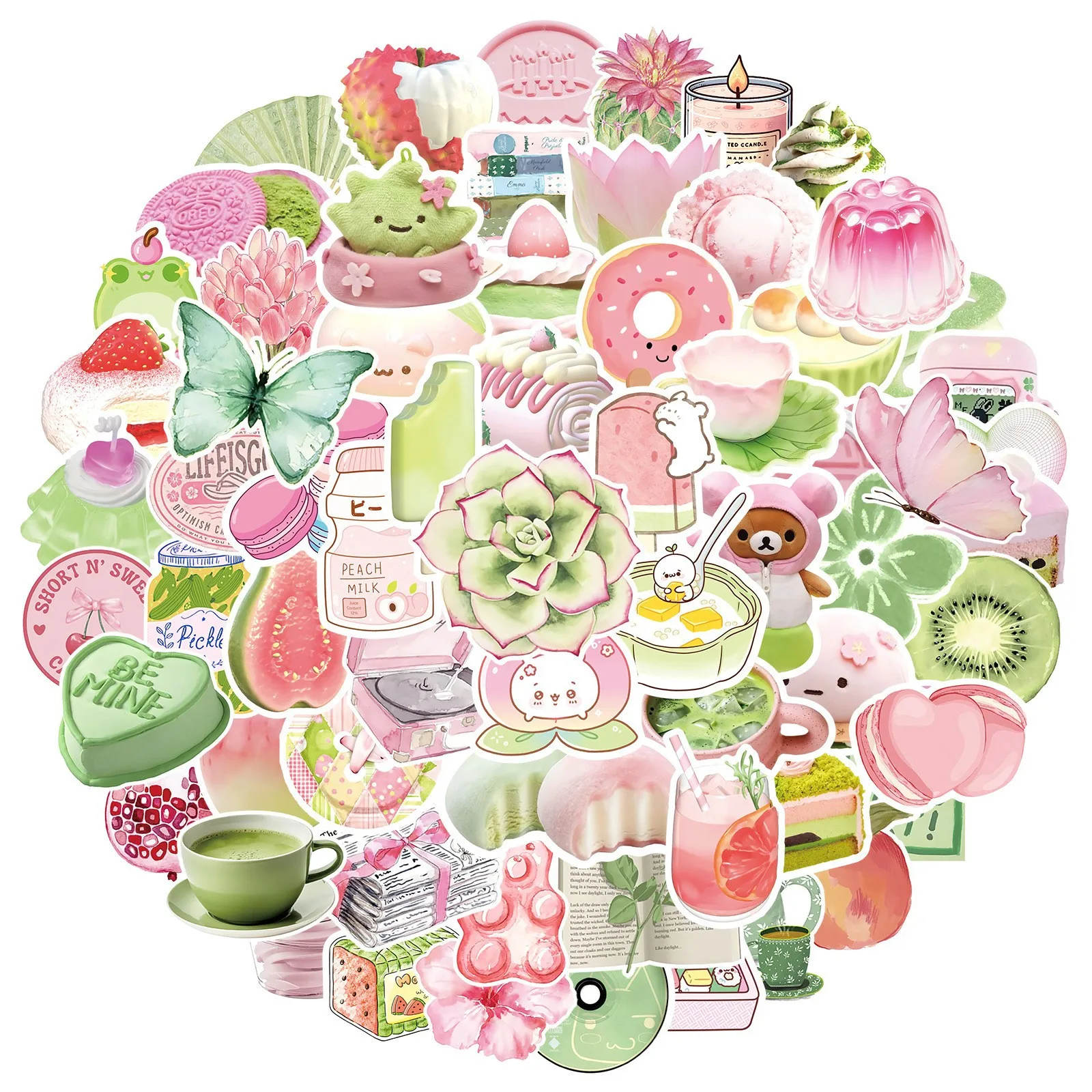 

100PCS Pink Green Dessert Beverage Design Stickers Graffiti Stickers DIY Diary Phone Case Handmade Scrapbook Aesthetic Stickers
