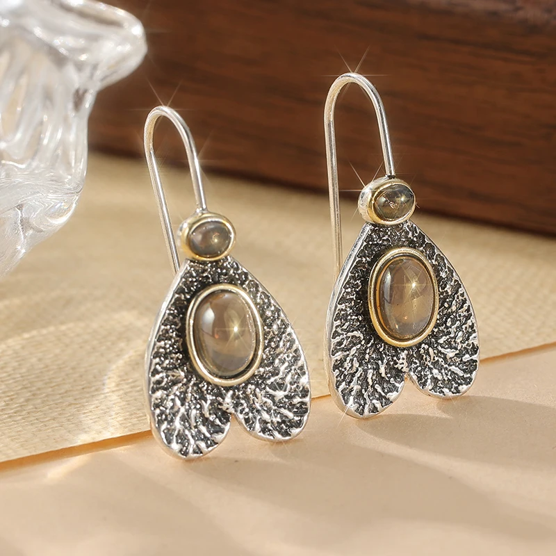 Ethnic Oval Inlaid with Blue Stones Women's Earrings Vintage Silver Color Hand Carving Ladybug Dangle Earrings Woman