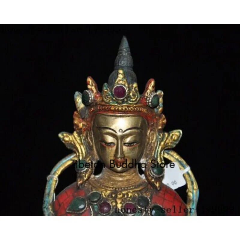 Tibetan bronze Red turquoise silver gem tara Kwan-yin Guanyin God Buddha statue