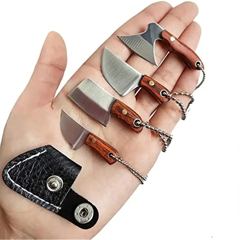 4Pcs/Set Stainless Steel Keychain Pocket Knife EDC Knife Key Ring Ornaments Mini Portable Utility Fixed Blade with Wood Handle