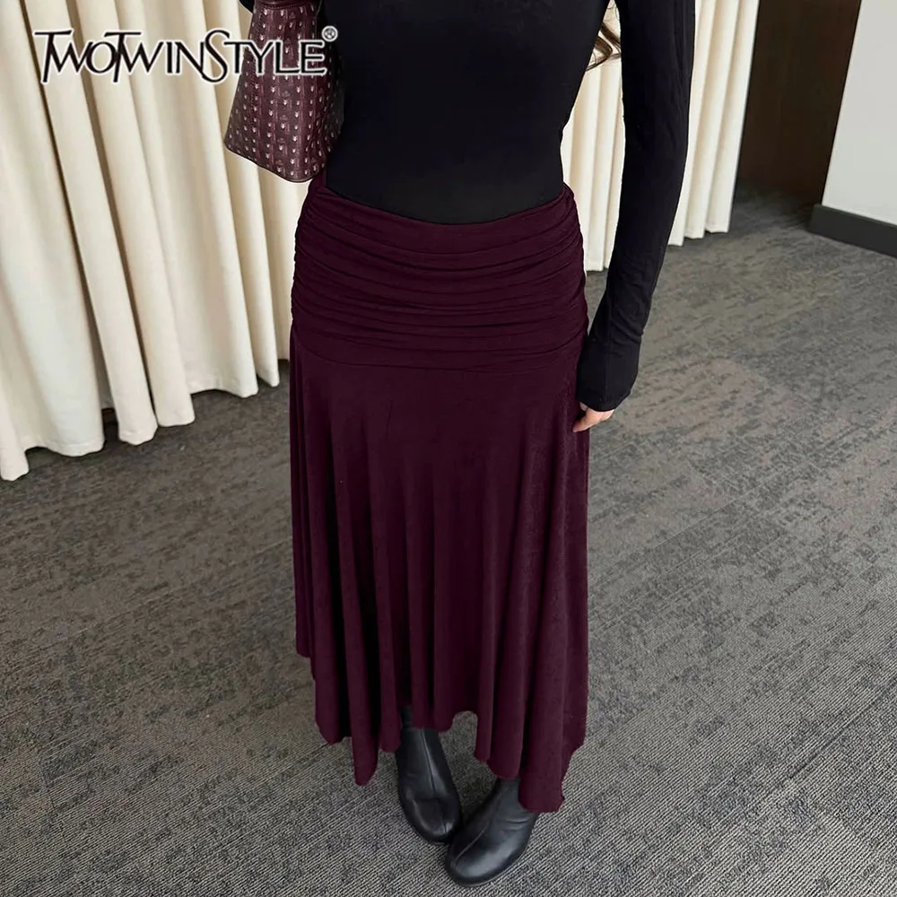 TWOTWINSTYLE Casual Folds Maxi Skirts Women High Waist Flowy Vintage Loose Long Skirt for Daily Street Dating Summer Fashion