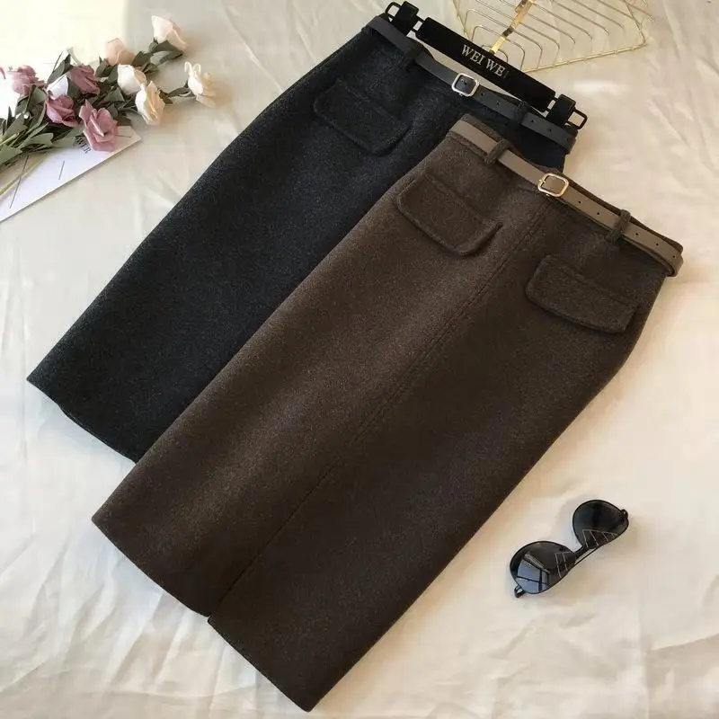 Temperament Woolen Skirt For Women 2025 Faldas Mujer De Moda Vintage Thicked Jupe Tunic Bodycon Skirts Chic Split Winter Saia