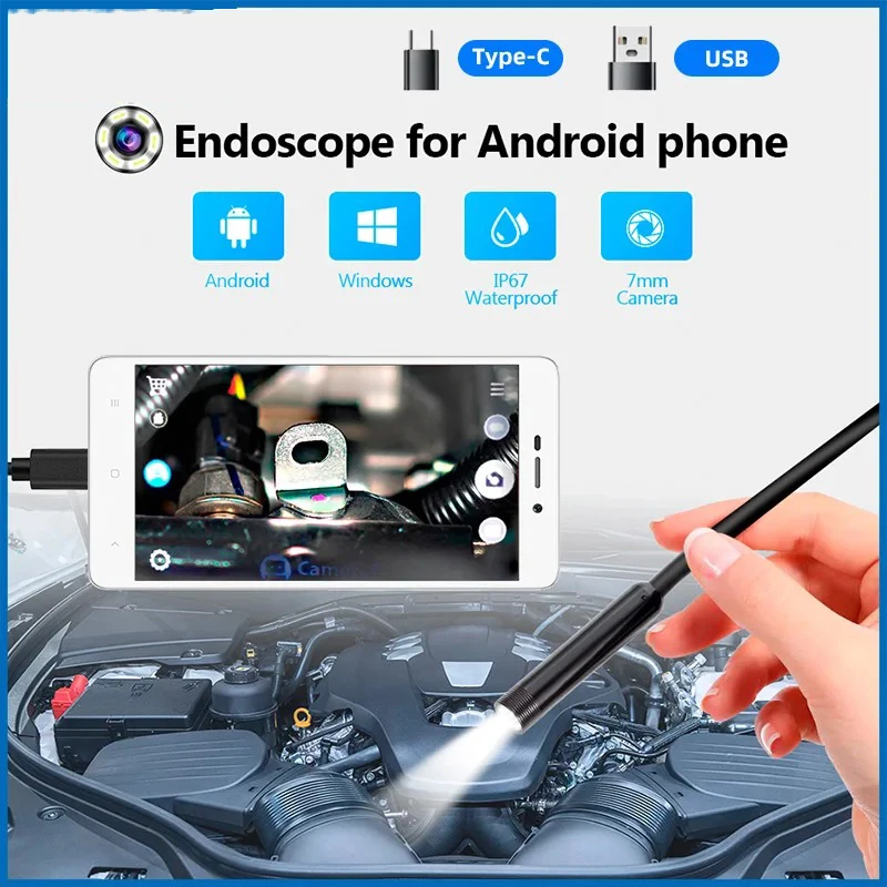 USB Type-C Flexible Endoscope Camera 7mm Diameter with 6 Adjustable LEDs for Android Phone PC Inspection Borescope