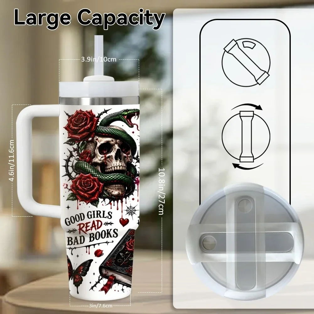 Dark Gothic Book Lover Vacuum Flasks 40oz Stainless Steel Insulated Tumbler with Handle Straw Lid Leakproof Travel Mugorders for other colors will be shipped randomly in black or white