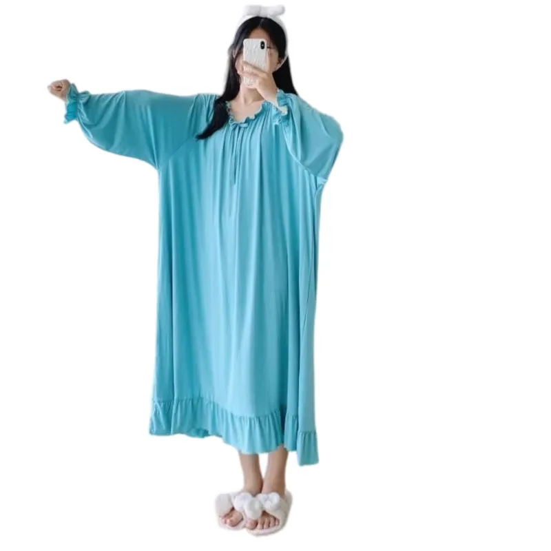 Sweet Cute Plus Size Loose Long Sleeve Round Neck Nightdress Ruffles Casual Home Wears Sissy Comfortable Soft Night Dress