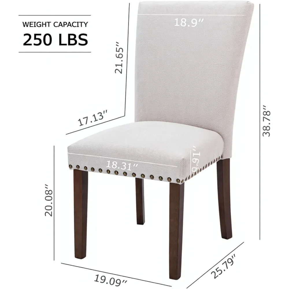 طقم كراسي طعام منجدة باللون البيج مكون من 6 قطع - طراز مزرعة عالي الظهر مع أرجل من الخشب المطاطي الصلب، وسادة إسفنجية مبطنة #2