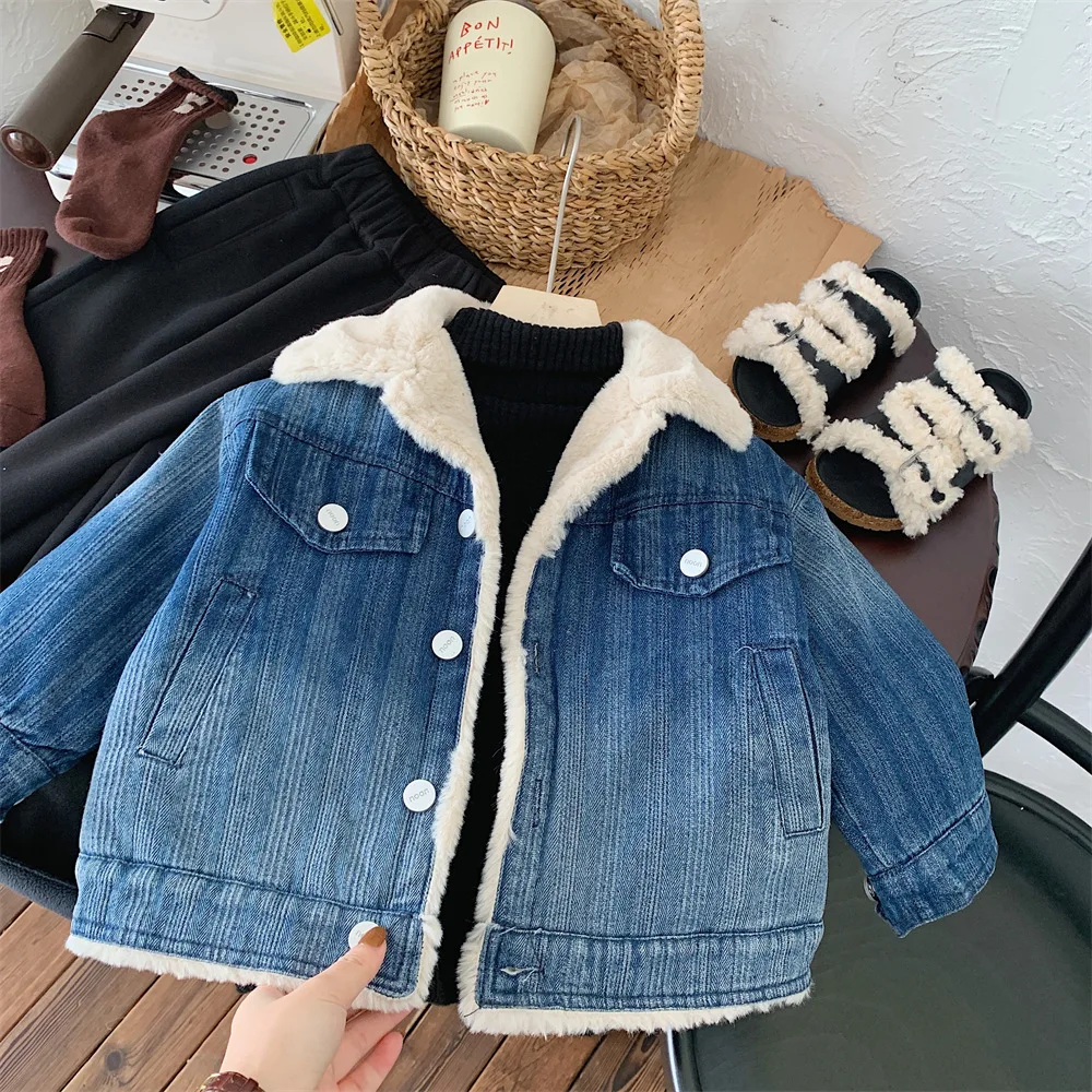 Children's Rabbit Hair Gradient Denim Coat 2023 Autumn Winter New Boys' Velvet Laple Warm Jacket Girls Thickened Outerwear