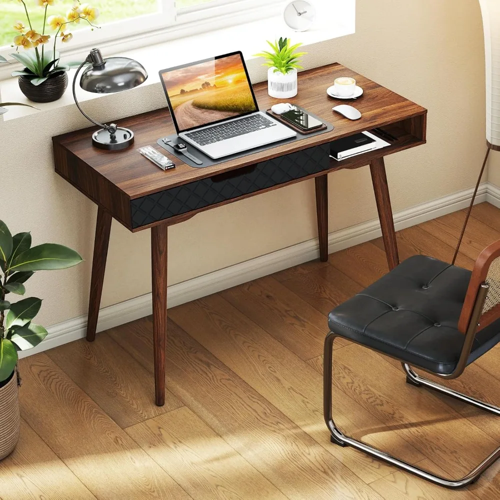

Mid-Century Modern Computer Desk, Home Office Desk w/Drawer & Open Compartment, Laptop PC Desk w/Rubber Wood Legs,