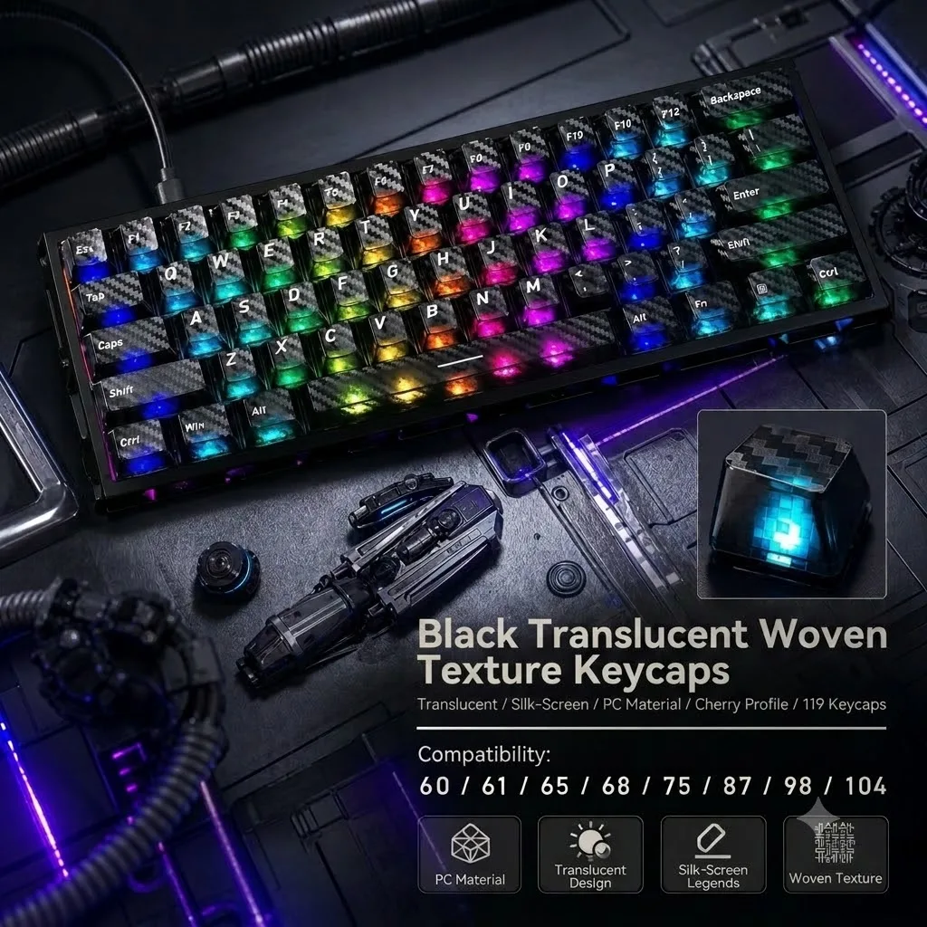119 Keys Black Translucent Woven Texture Keycaps Cherry Profile PC Custom Keycap Set for MX Switch Mechanical Keyboard RGB Backl