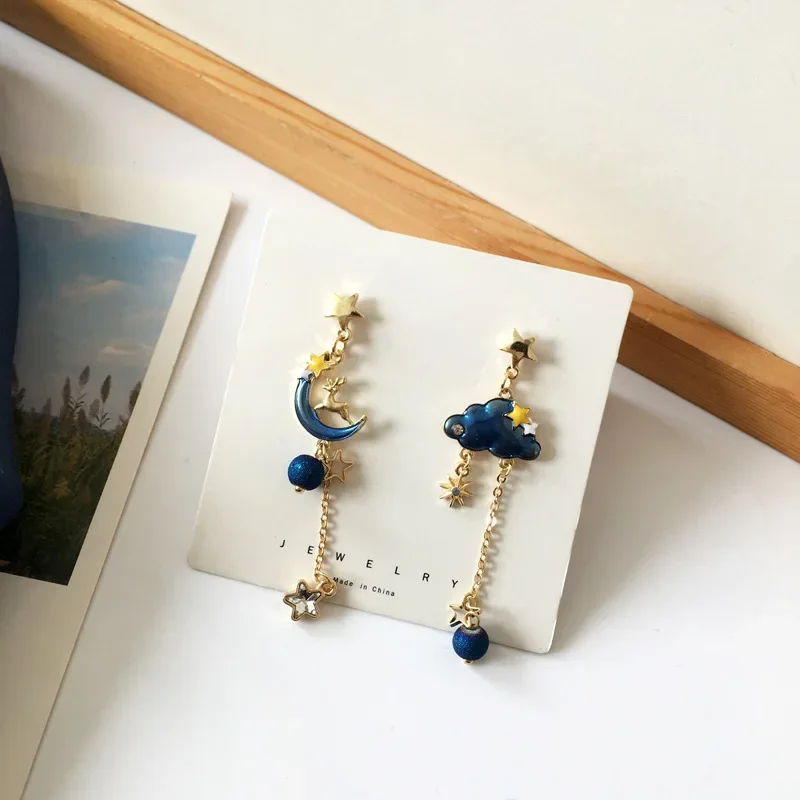 Asymmetrical Funny Star-moon Rabbit Cat Dangle Earrings Cute Blue Cloud Long Tassel Drop Earrings for Women Girls Gifts Jewelry