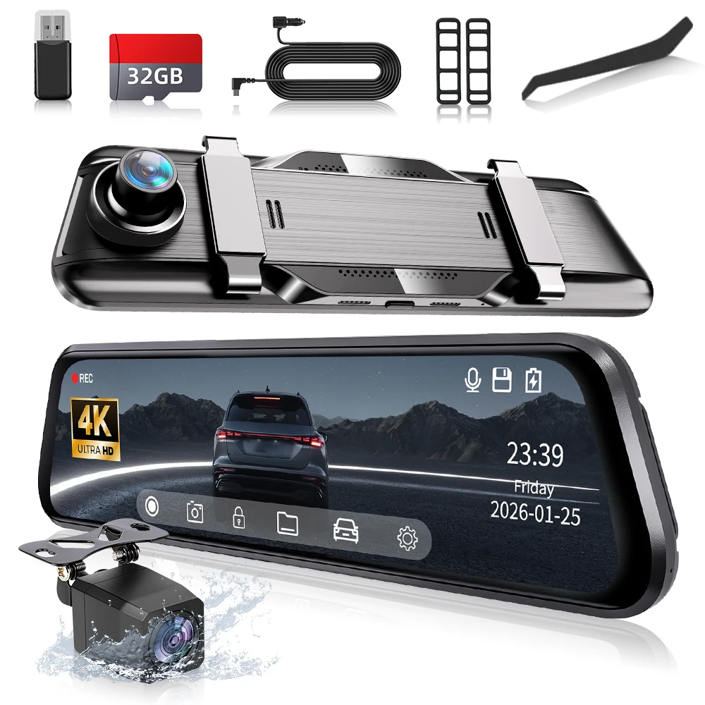 

9,66-дюймовый 4K видеорегистратор с зеркальным экраном (фронтальная и задняя камеры), сенсорный IPS-экран, камера заднего вида, циклическая запись, G-сенсор, помощь при парковке
