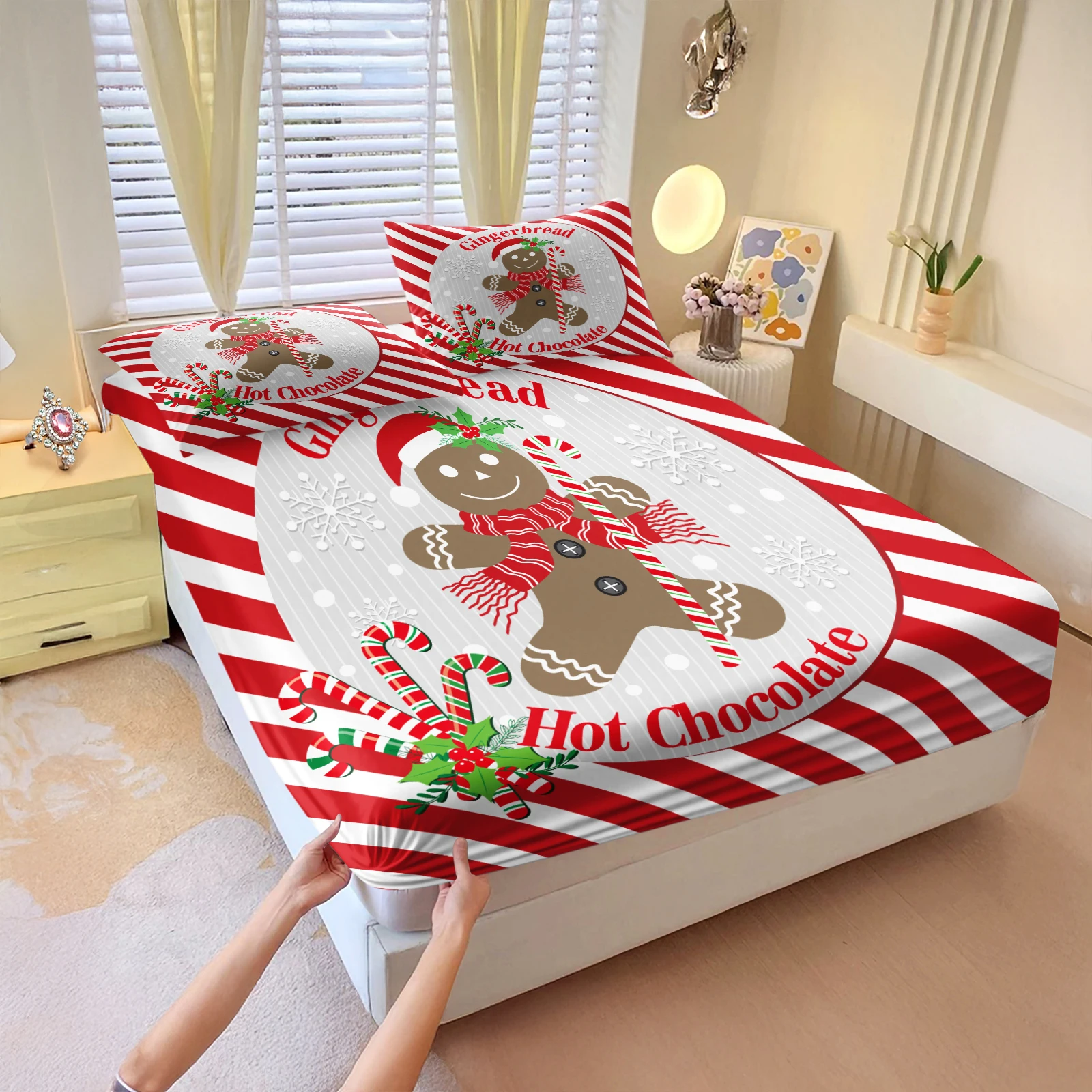 3Pcs Christmas Gingerbread Fitted Sheet Set with 2 Pillowcases, Soft Breathable Holiday Bedding Set, No Pillow Insert