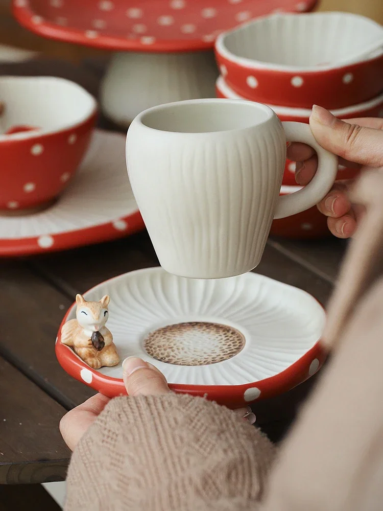 

Red mushroom cup and saucer set cartoon ceramic mug drinking cup funny cup beautiful gift for girls