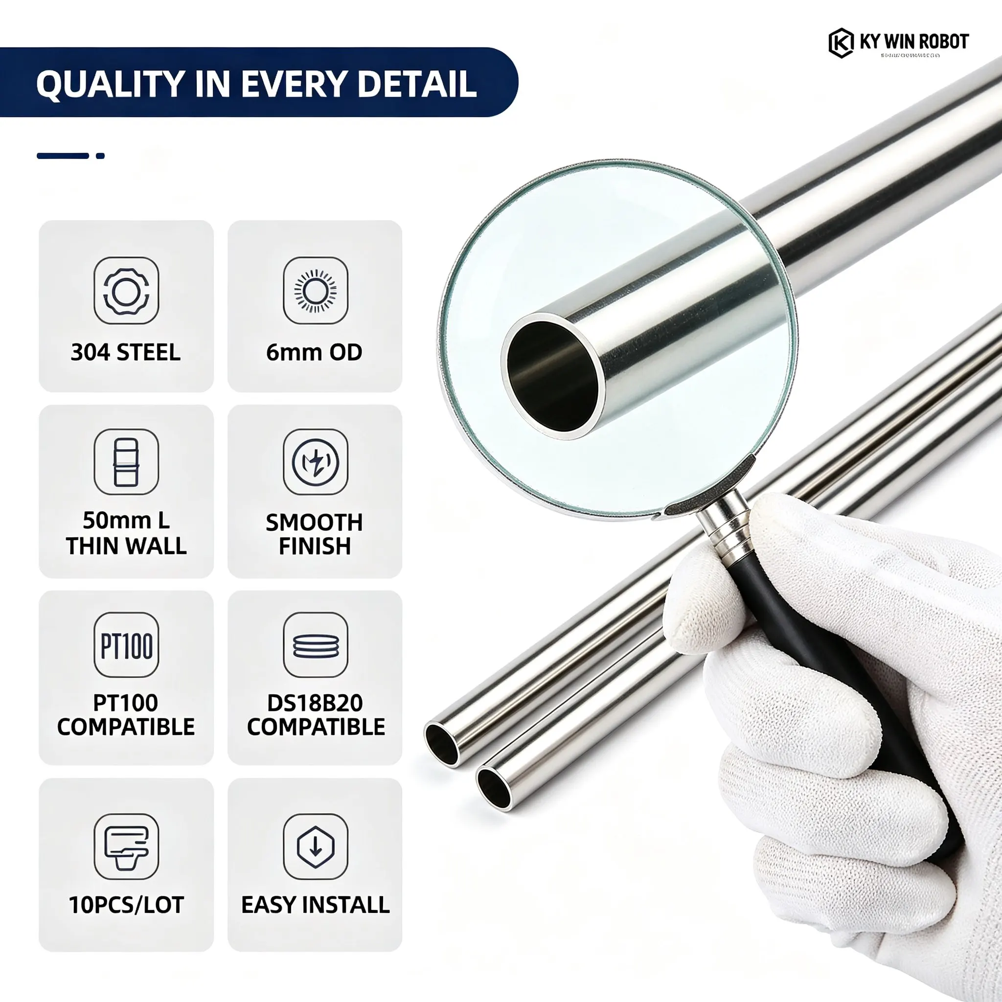10Pcs 6*50mm Stainless Steel Blind Pipe DS18B20 PT100 Temperature Sensor Probe Protective Sleeve Waterproof Casing Tube