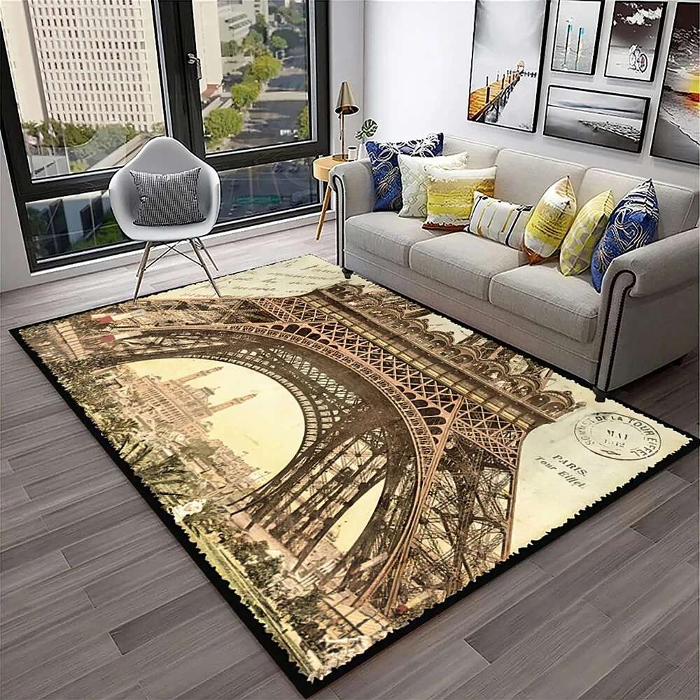 

France Paris Eiffel Tower Retro Carpet Rug for Home Living Room Bedroom Sofa Doormat Decor,Kids Play Area Rug Non-slip Floor Mat