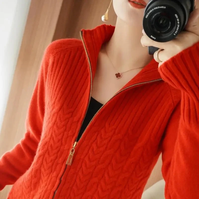 Women\'s Knitted Sweater Cardigan Jacket 2023 New Stand Coller Casual Zipper Sweater Coat Loose Slim Female Knitted Cardigans