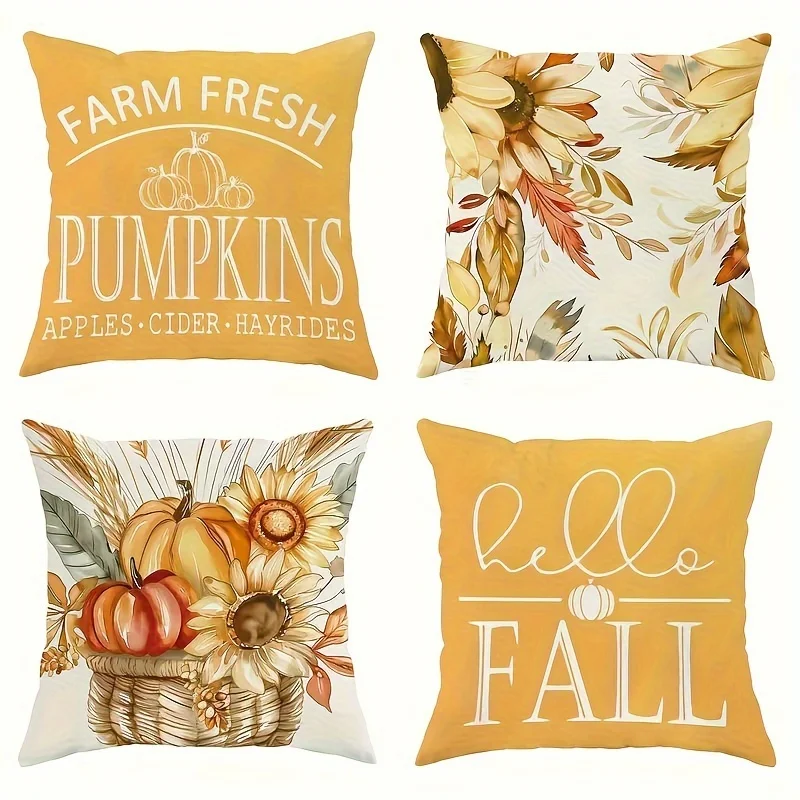4PCS Fall Throw Pillow Covers 4 Pack 18x18 Inch Autumn Farmhouse Decorative Cushion Cases with Pumpkin Maple Leaf Designs