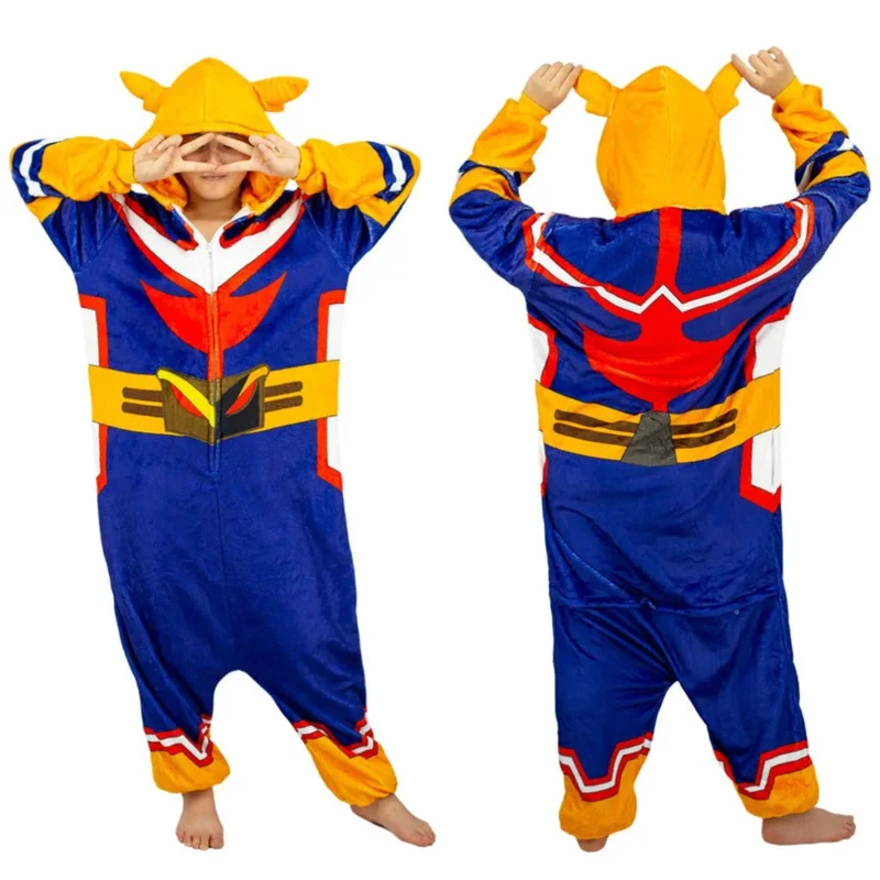 Adult Unisex Cartoon Pajamas Anime My Hero Academy All Might Cosplay Bathrobe Flannel Jumpsuit Kigurumi Halloween Outfit