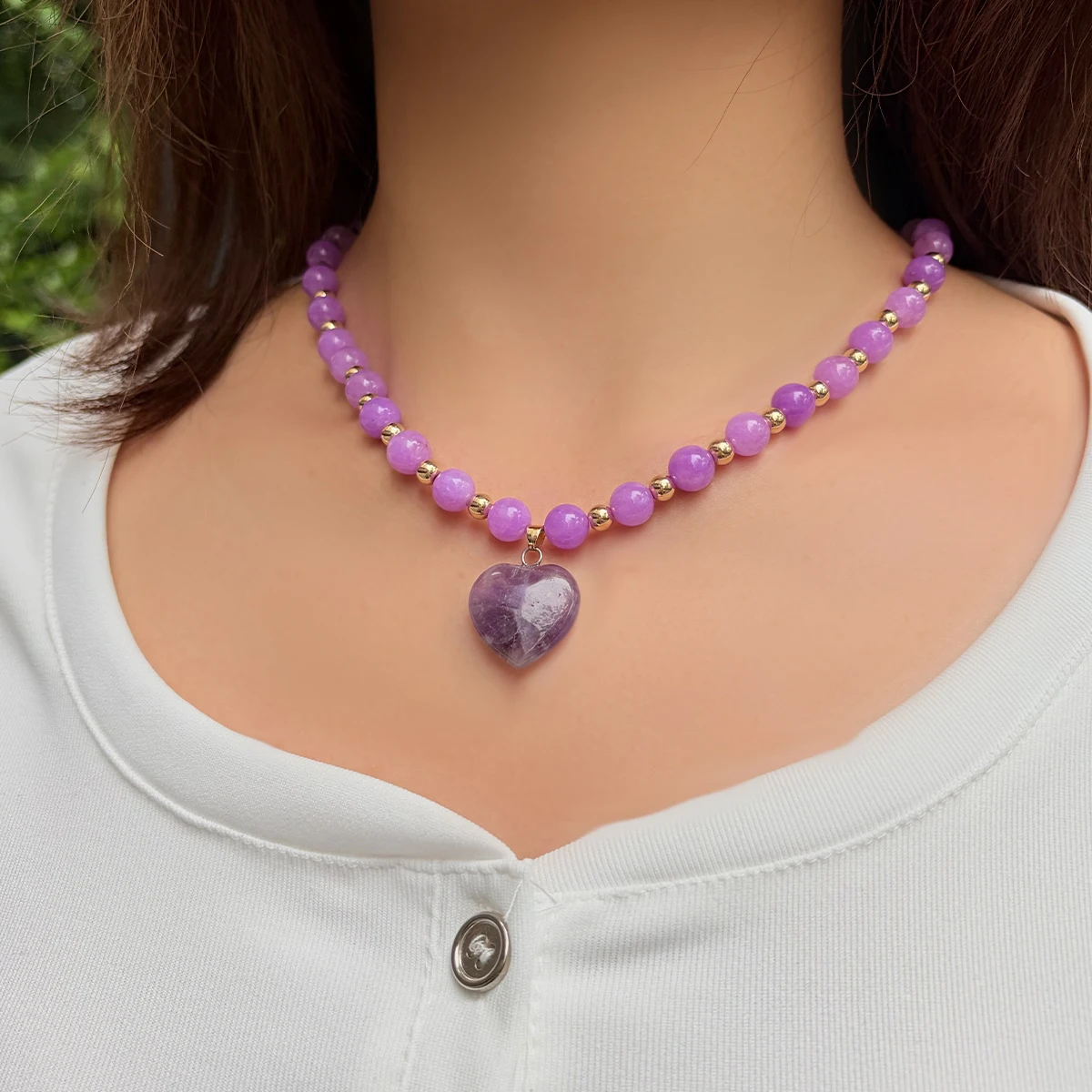 Natural Amethyst Beaded Necklace for Women, Purple Heart Pendant Choker, Vintage Elegant Gemstone Jewelry, Valentine's Day Mothe