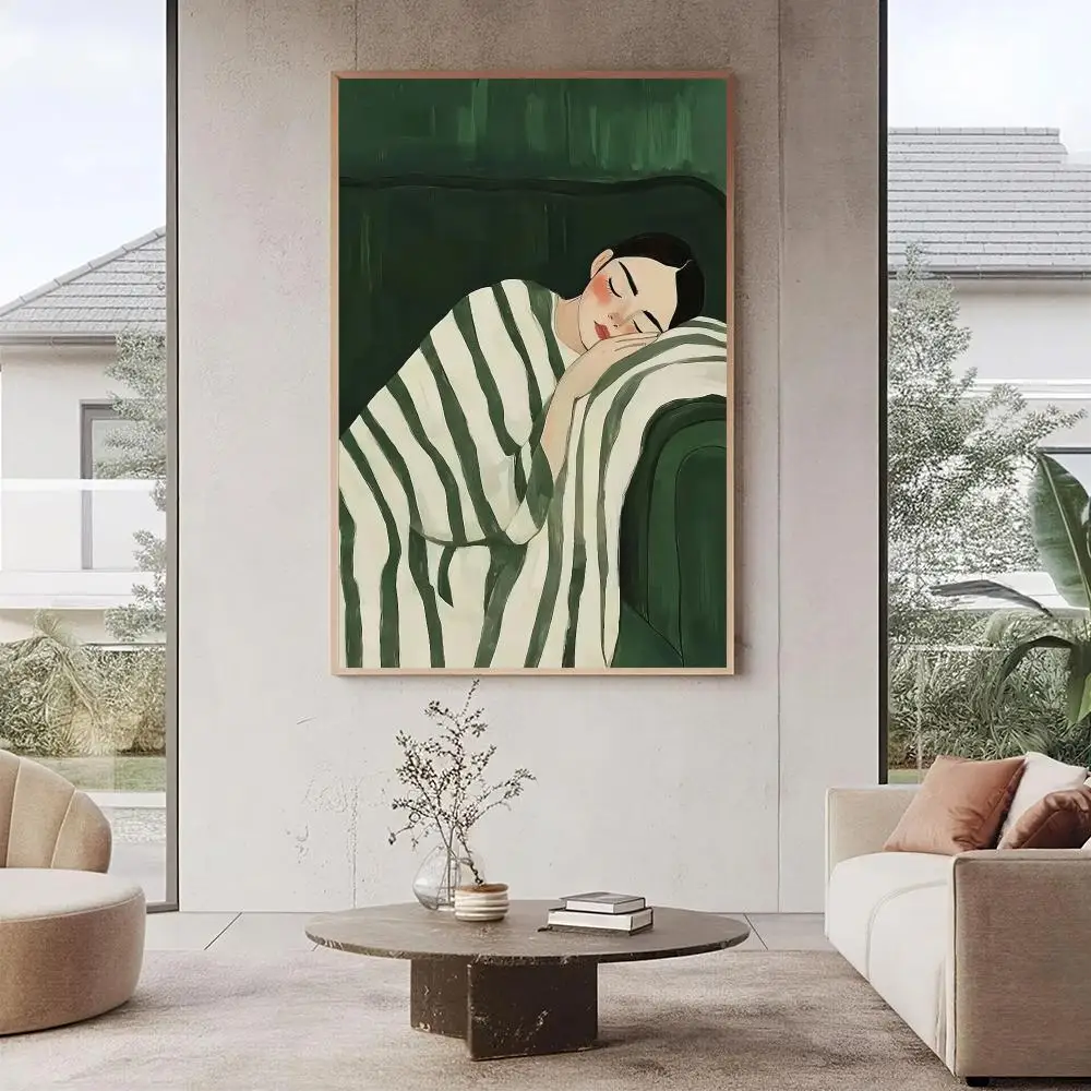 Emerald Green Abstract People HD Wall Art Poster Contemporary Minimalist Stripe Woman Art Living Room Bedroom Home Decor Gift
