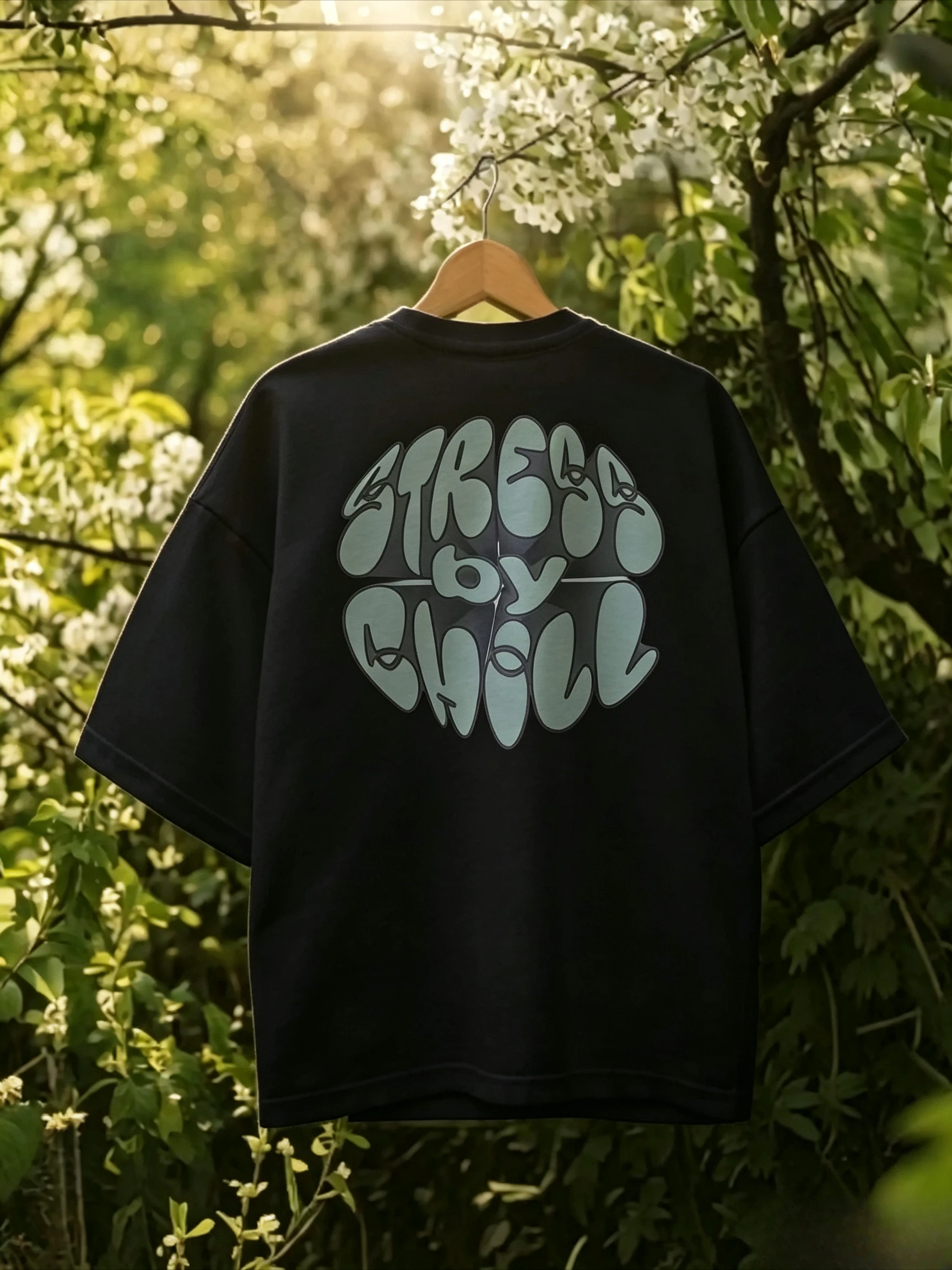 Oversized T-Shirt with Backprint Stress Chill 3D Logo Tee Organic Bio Cotton Shirt Summer Retro T-shirt Unisex Streetware Funny