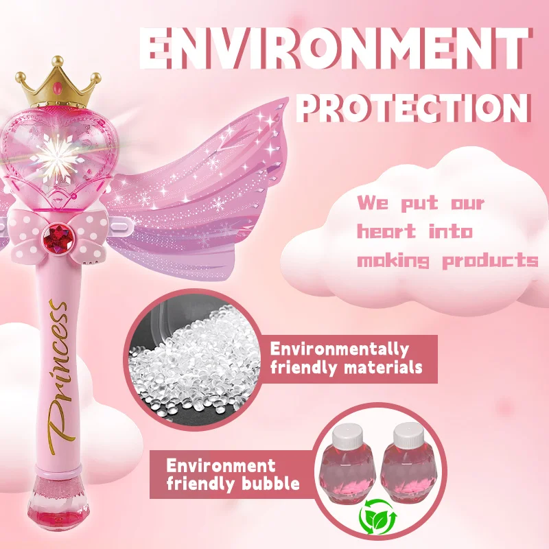 Varita de burbujas de princesa con música y luces LED, alas rosas, juguete de varita mágica - Regalo de burbujas de ensueño (líquido de burbujas no incluido)