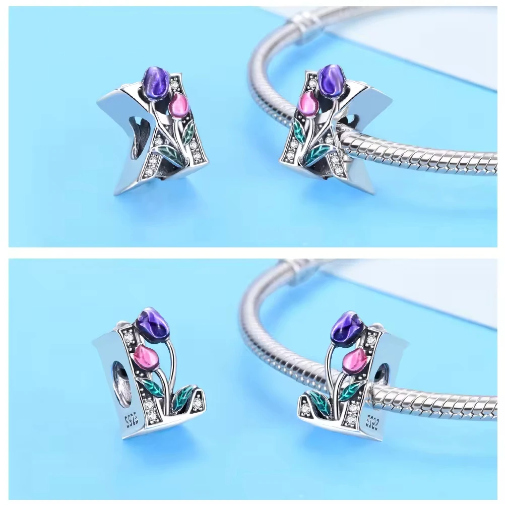 PANQDIY Pandorai-Buchstabenanhänger aus 925er-Sterlingsilber, Tulpenblüten-Charm, A-Z-Buchstabenanhänger für DIY-Armband, Schmuckherstellung