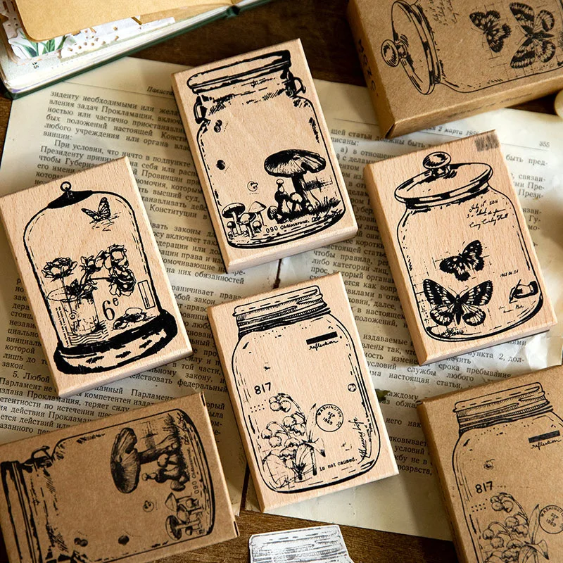 1Pcs Large Size Vintage World in Bottle Wooden Stamp Butterfly Mushroom Deco Journaling Scrapbooking DIY Retro Stationery