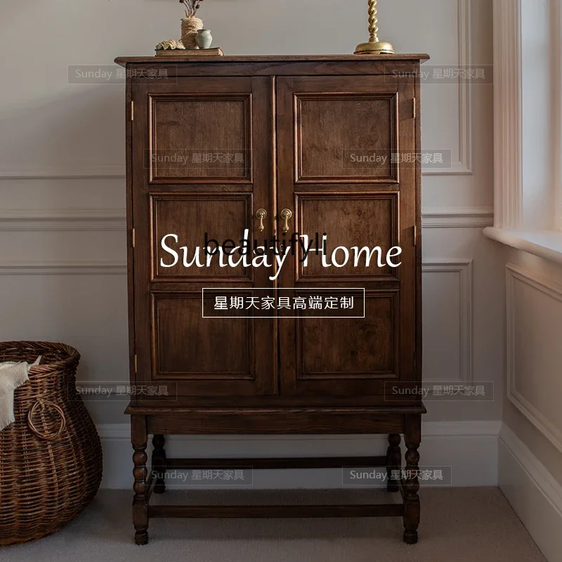Antique-style Distressed Storage Cabinet Large Capacity Living Room Wine Cabinet Roman Column Wardrobe