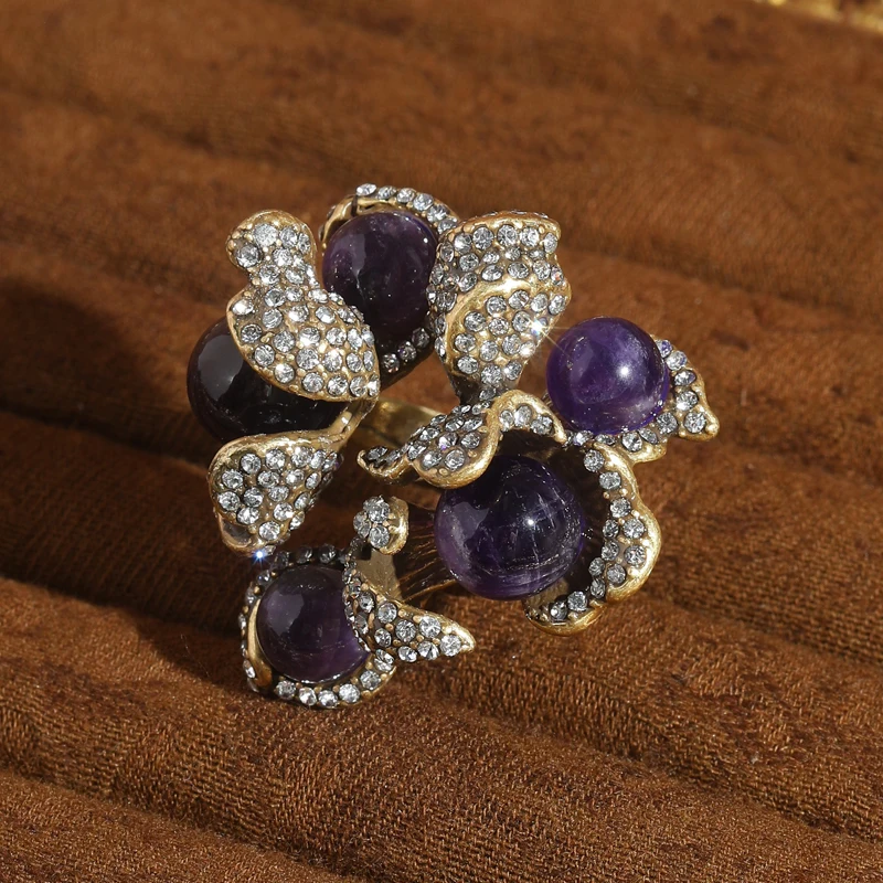 

Vintage Purple Natural Stone Flower Ring Rhinestones Gothic Jewelry Party Accessories Luxury Quality Valentine Day Gift 2025