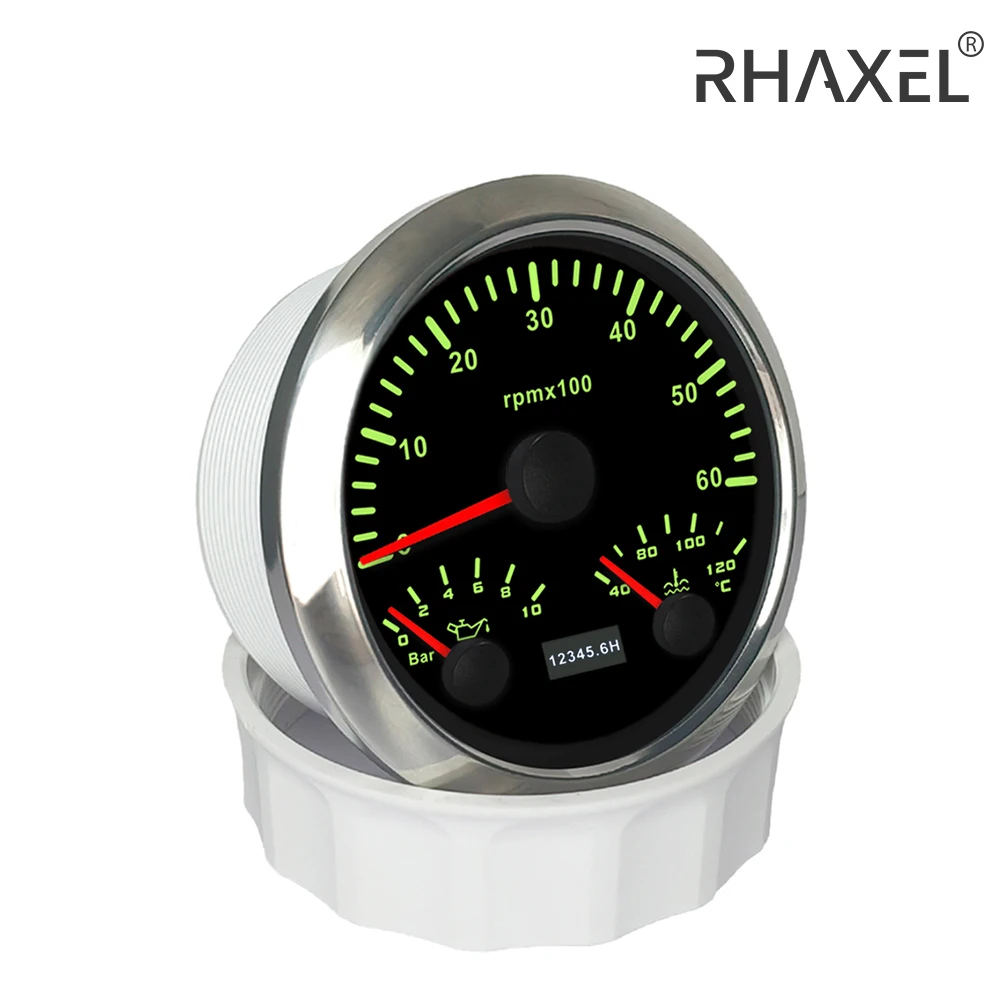 RHAXEL 85mm Universal 3 in 1 Multifunctional Tachometer with Oil Pressure 0-10Bar Water Temp Gauge for Truck UTV Sailboat