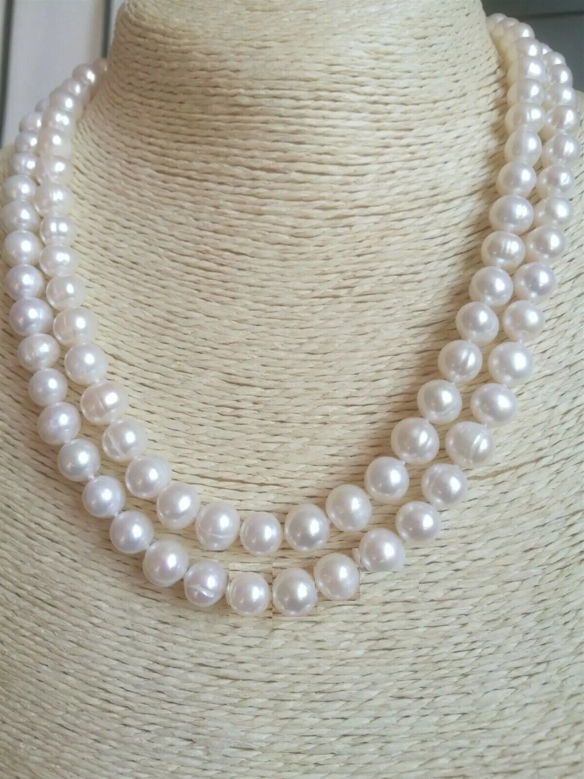 

18-19" Double-strands AAA 9-10MM REAL NATURAL WHITE PEARL NECKLACE 14K CLASP