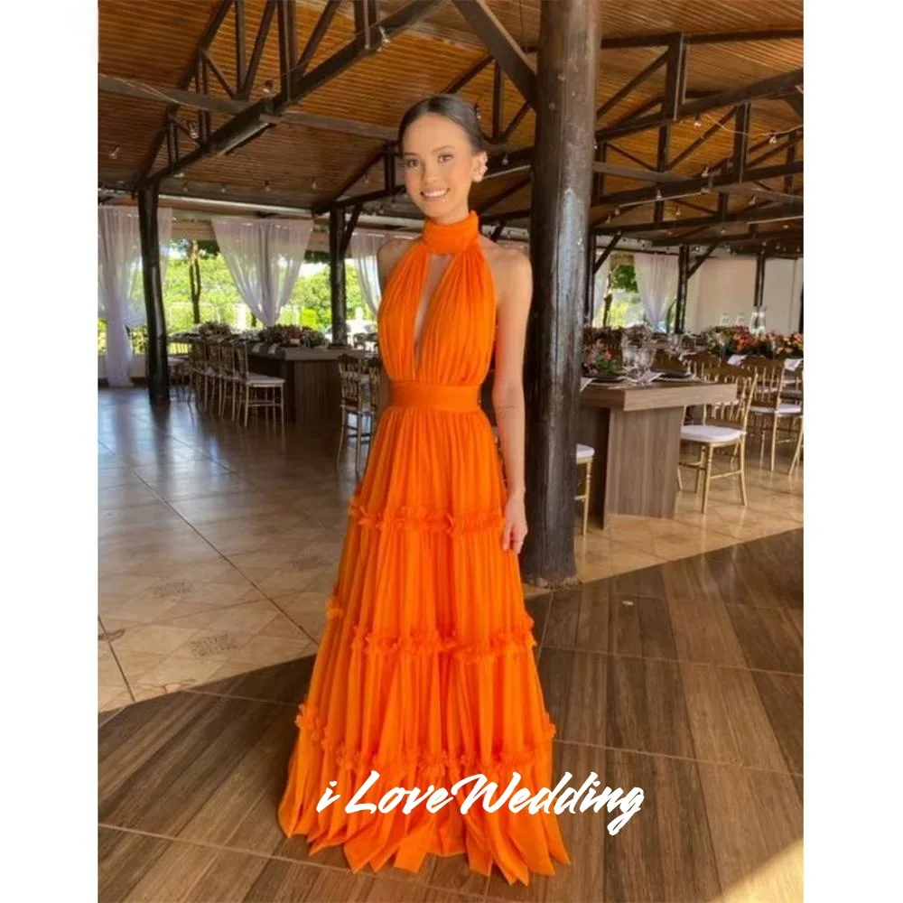 

Orange Halter Prom Dresses 2025 Sleeveless A-Line Backless Pleated Tiered Floor-Length Evening Dresses Party Dresses Customized