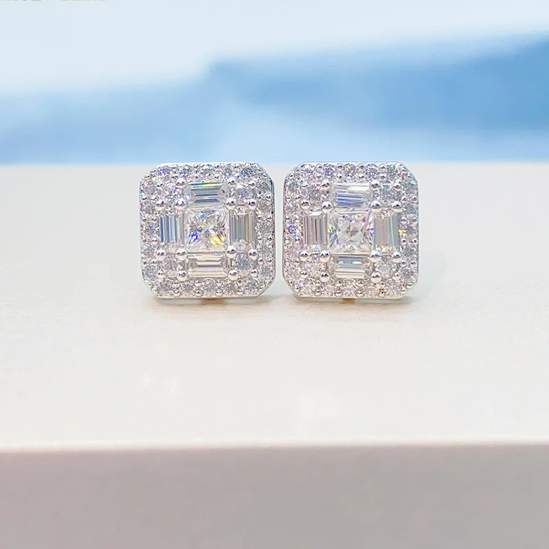 New INS Hot sale S925 Silver inlay moissanite classic square European and American personalized ear studs