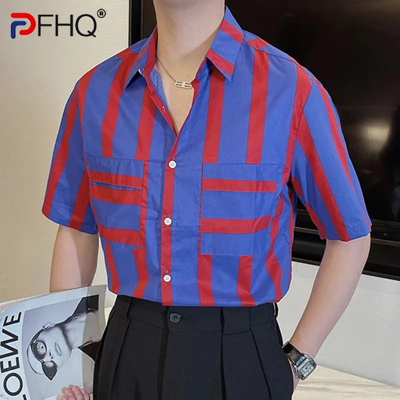 

PFHQ Summer Men's Striped Short Sleeved Shirt Fashion Half Sleeved Trend Contrast Color Turn-down Collar Male Tops 21Z5322