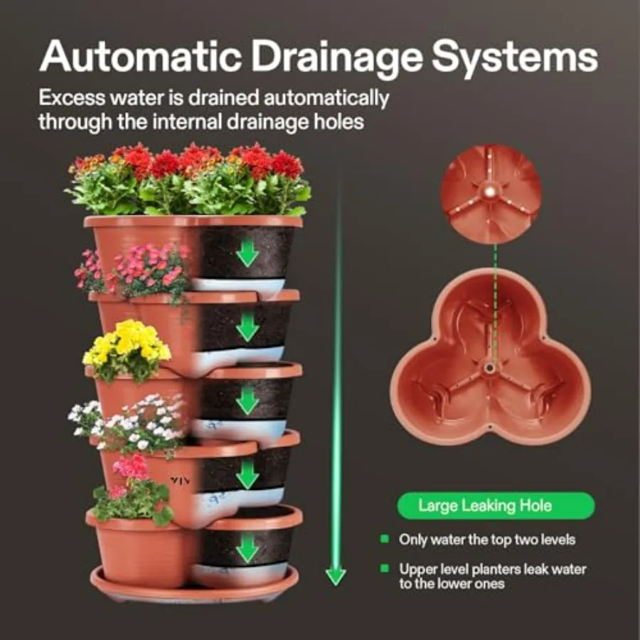 2-Pack 5 Tier Vertical Gardening Stackable Planter for Strawberries, Flowers, Herbs, Vegetables, Brown Plastic Durable Weather-