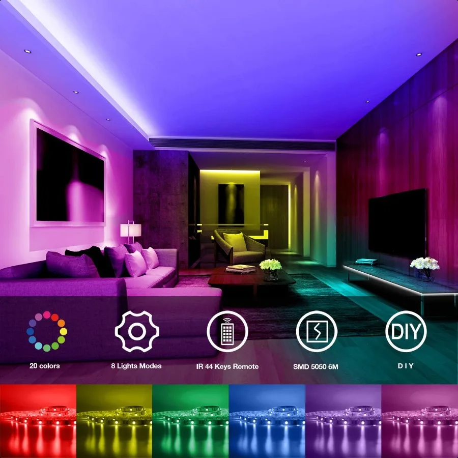 SMD 5050 Remote Control Led Strip Lights 20ft RGB Color Changing Led Strip with Remote Control for Room Bedroom Suitable for Ho