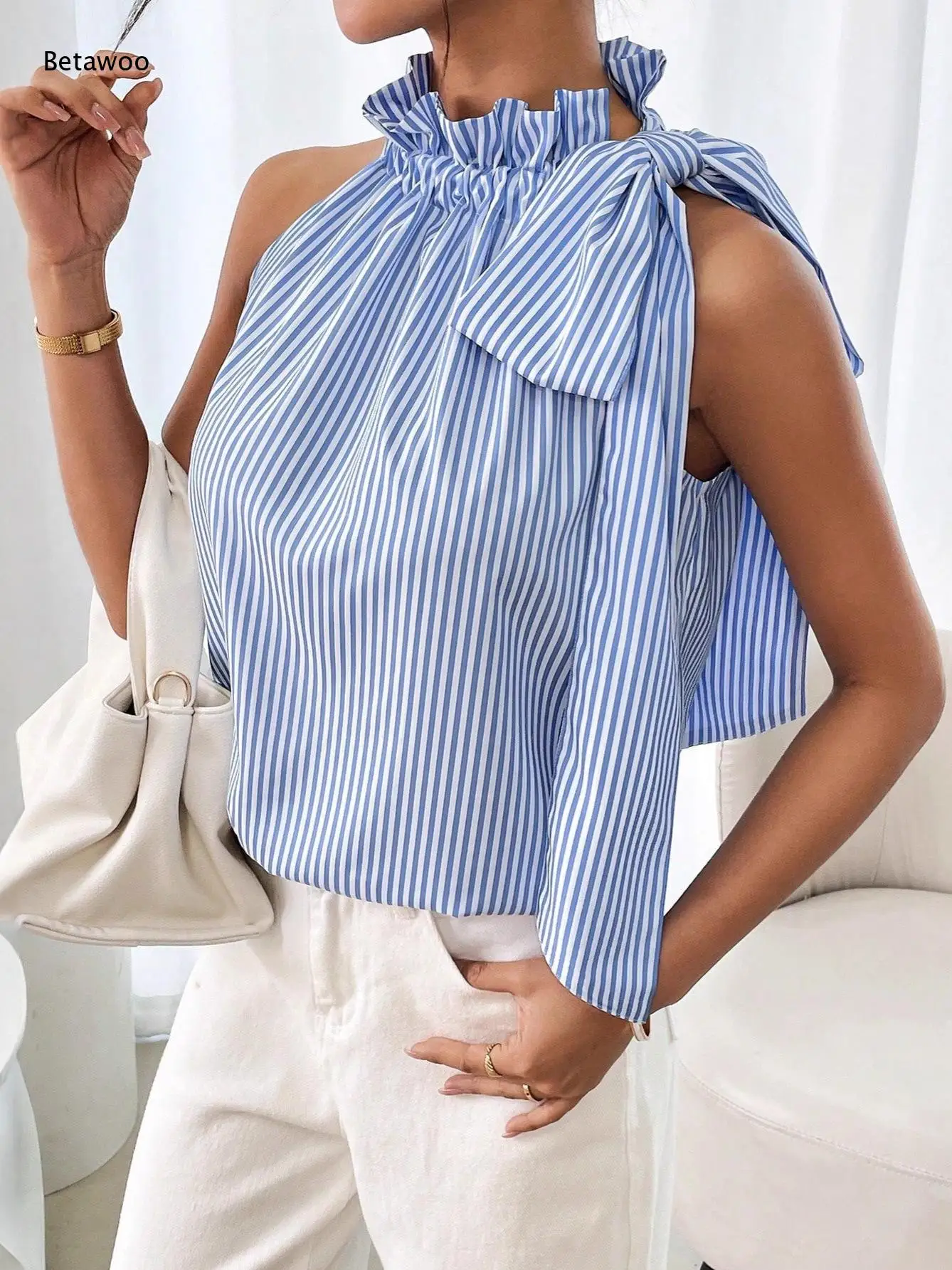 Women Vertical Stripe Halter Top Frilled Neck Sleeveless Blouse with Large Bow Detail Loose Fit Chic Sleeveless Shirt