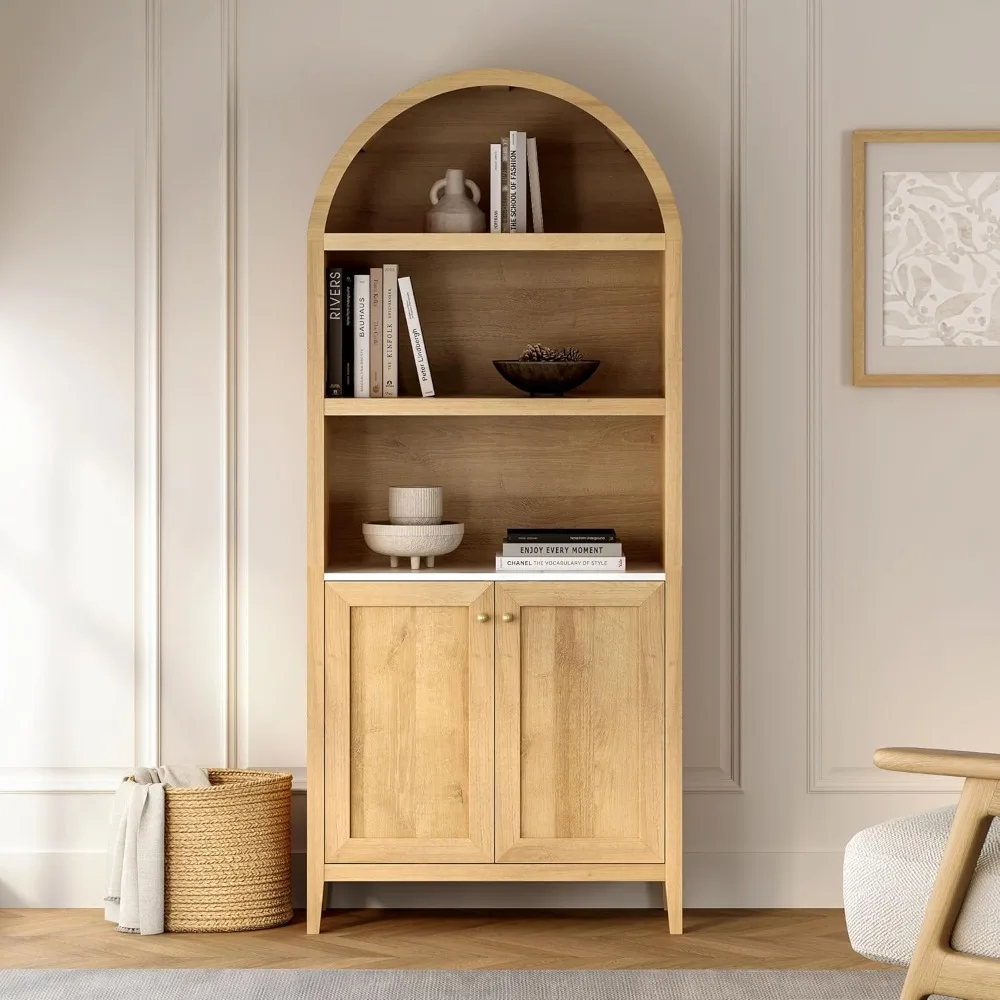 Arched Bookcase with Doors, Modern Farmhouse Storage Cabinet, Adjustable  Book Shelf Kitchen Pantry Display Organizer