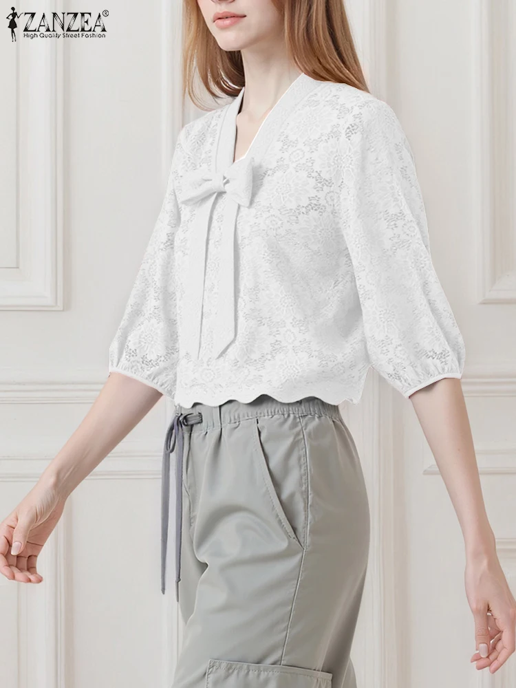 

ZANZEA модная элегантная блузка женская кружевная с v-образным вырезом и воротником-бабочкой офисные женские рубашки 2025 осень 3/4 с пышными рукавами повседневные блузки топы
