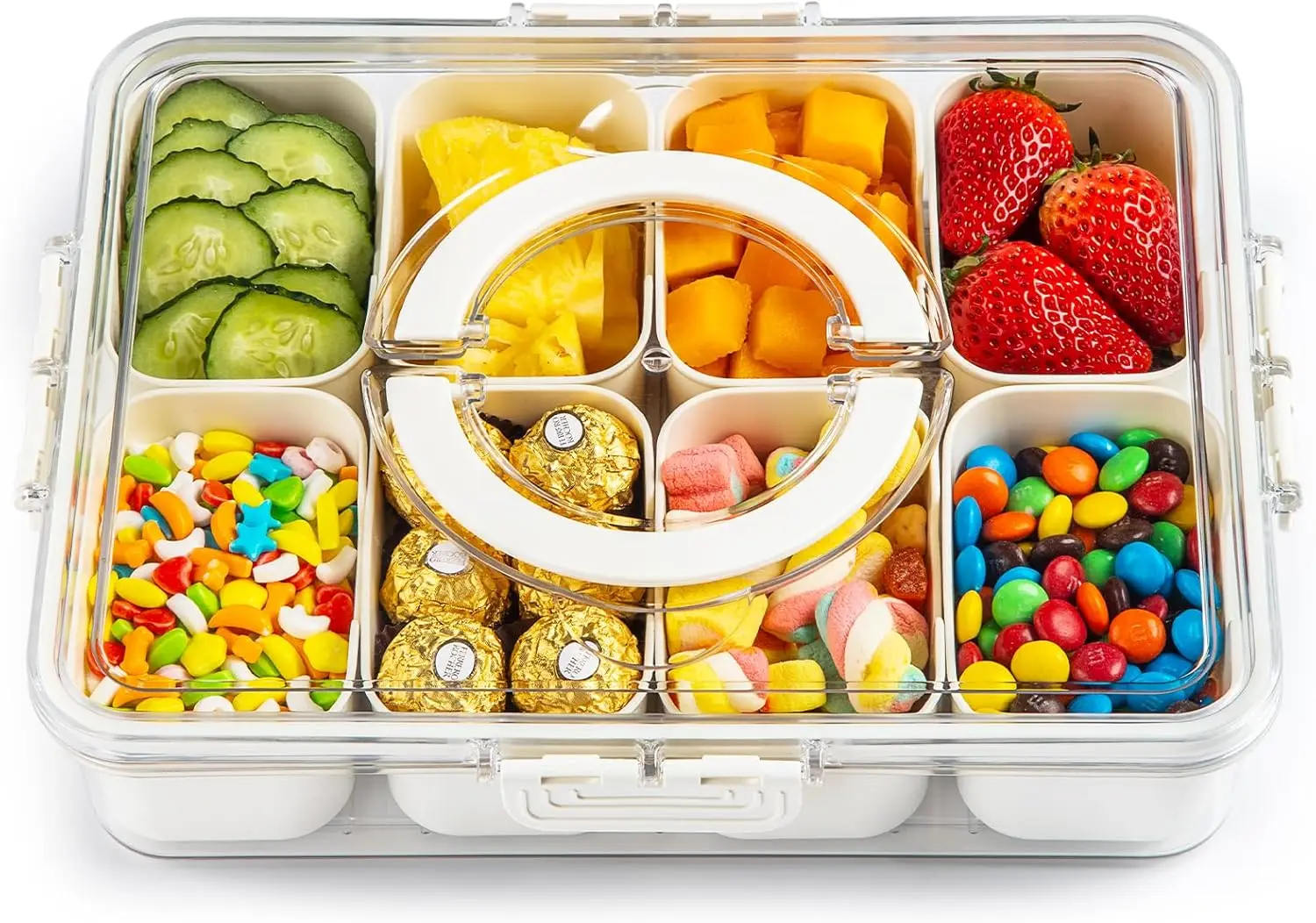 Snack-Box-Behälter, geteiltes Serviertablett mit Deckel und Griff, Snack-Box-Behälter, Snack-Organizer für Obst und Gemüse
