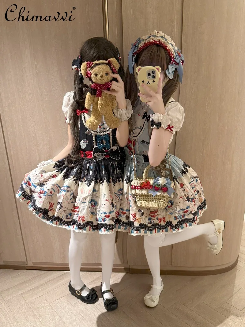 

Original Lolita Style Sweet Cartoon Print Retro OP Dress Girls Kawaii Bow Princess JSK Cute Strap Dresses Women Autumn New