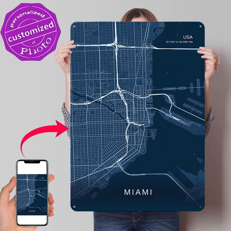 Miami City Map Art 3D Texture Printed Poster Custom Vintage Metal Tin Plate Sign for Wall Art Luxury Decoration Home Funny Signs