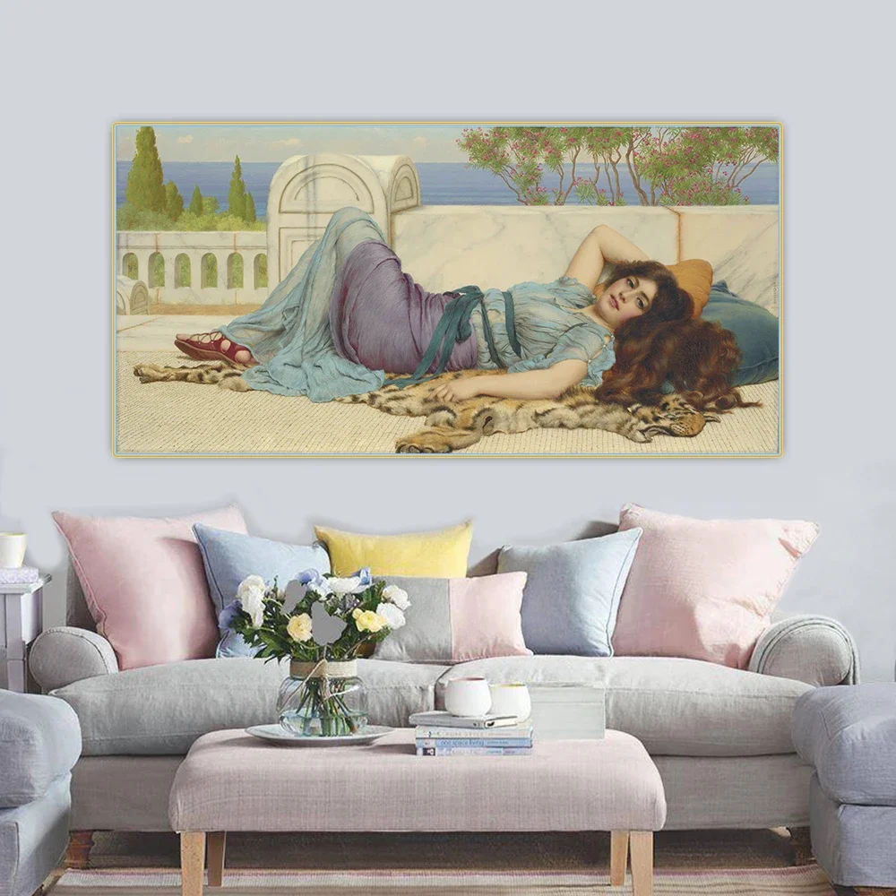 John William Godward《Mischief And Repose》Canvas Oil Painting Artwork Poster Picture Wall Decor Home Living room Decoration