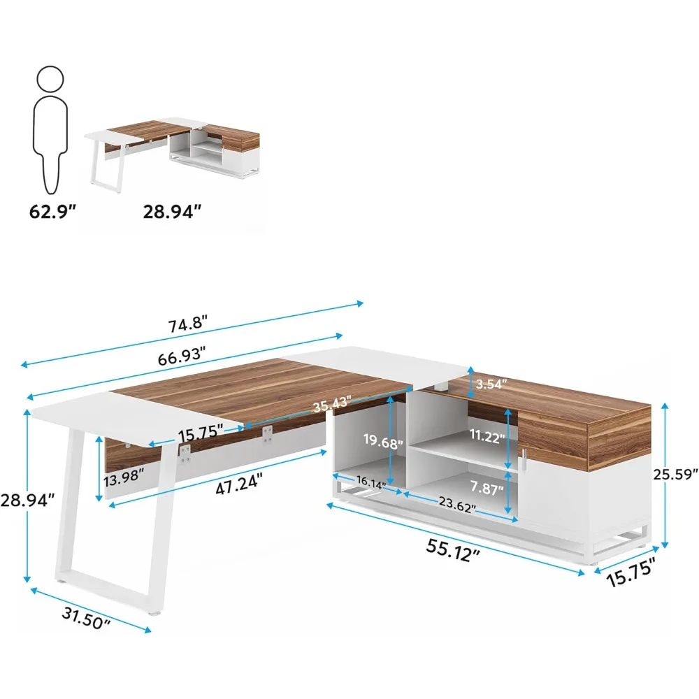 74.8” Executive Desk and 55” Lateral File Cabinet, Large L-Shaped Computer Desk with Storage Cabinet and Shelves