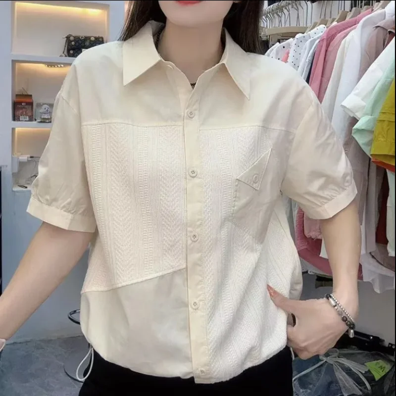 2024 New Summer Commuting Minimalist Casual Loose Plus Size Solid Polo Collar Panel Pocket Short Sleeve Women\'s Shirt Top