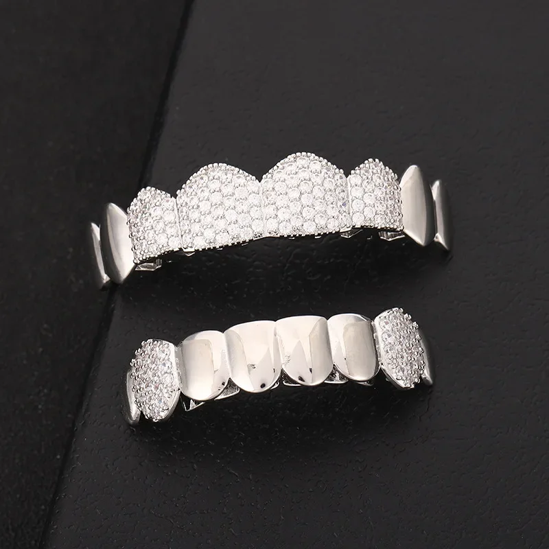 

Bling Cubic Zircon Teeth Grillz Set For Unisex Top Bottom Mouth Gold Silver Color Removable Dental Fashion Jewelry